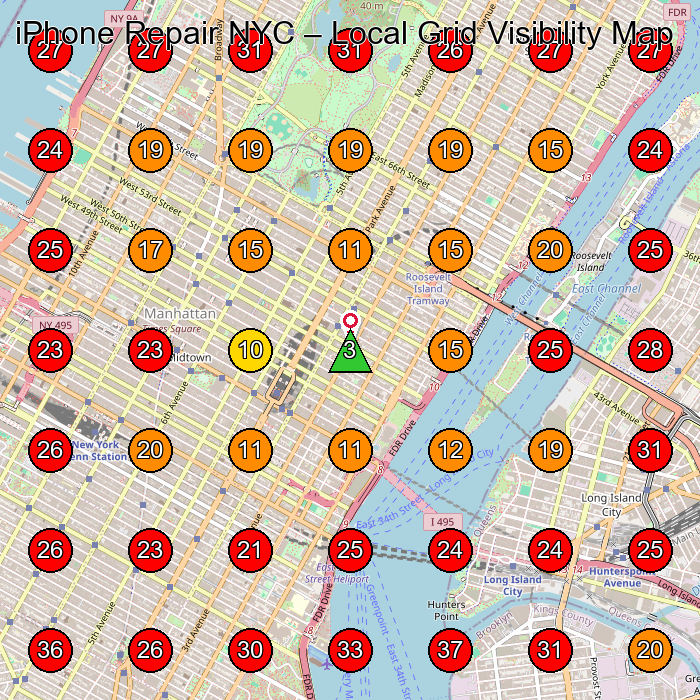 iPhone Repair NYC GeoGrid visibility map for Phone Repair Service in New York